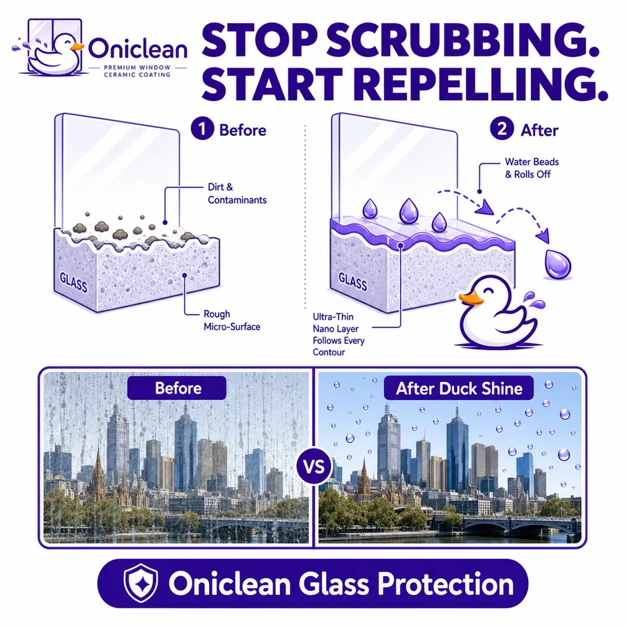 Diagram comparing untreated glass, which collects dirt and rough micro-surface buildup, to OniClean-coated glass where water beads and rolls off